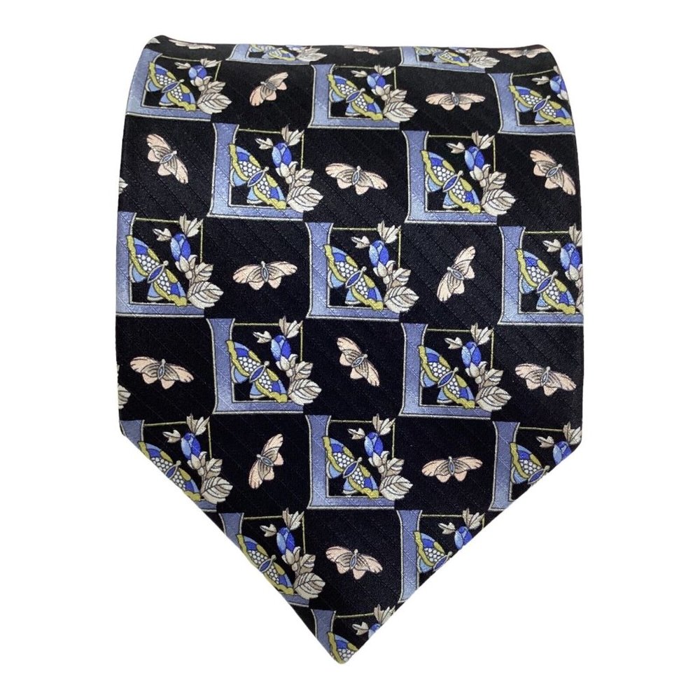 LEONARD PARIS Black Butterfly Print Silk Tie Made In Italy 59"-3.75" EX COND
